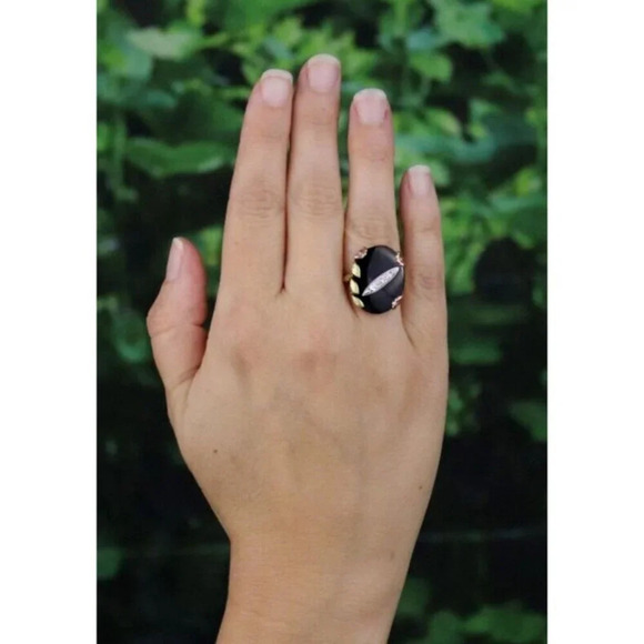 10k Yellow Gold Natural Onyx & Diamond Ring Size 6 1/4 - Picture 2 of 7